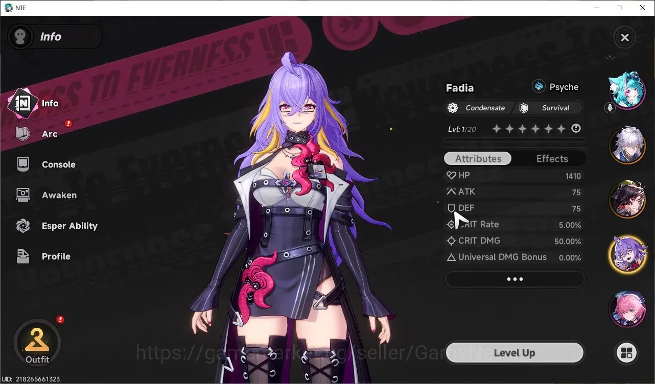 Neverness to Everness Accounts GLOBAL EU|HL 3|3 SSR|Hotori + Sign,Baicang,Fadia|2 SSR Selector On|5 SR|Orchid Glider|Female 3