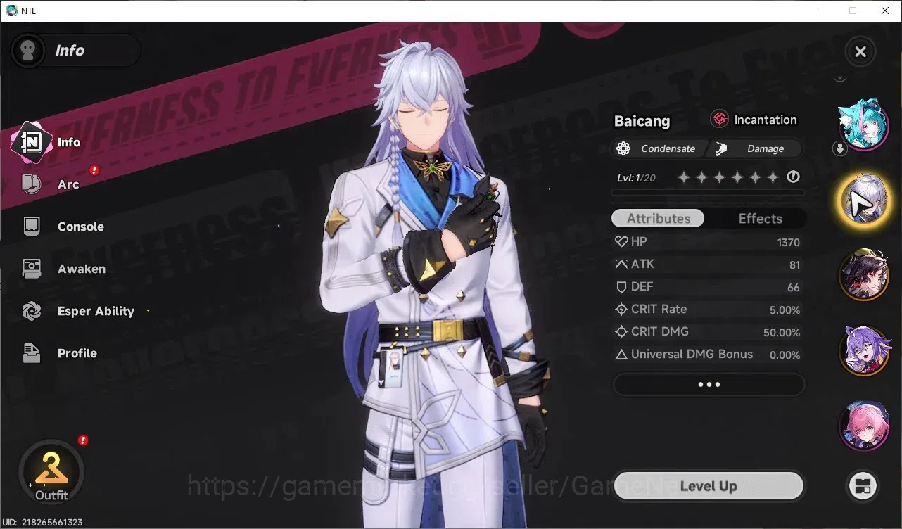Neverness to Everness Accounts GLOBAL EU|HL 3|3 SSR|Hotori + Sign,Baicang,Fadia|2 SSR Selector On|5 SR|Orchid Glider|Female 4