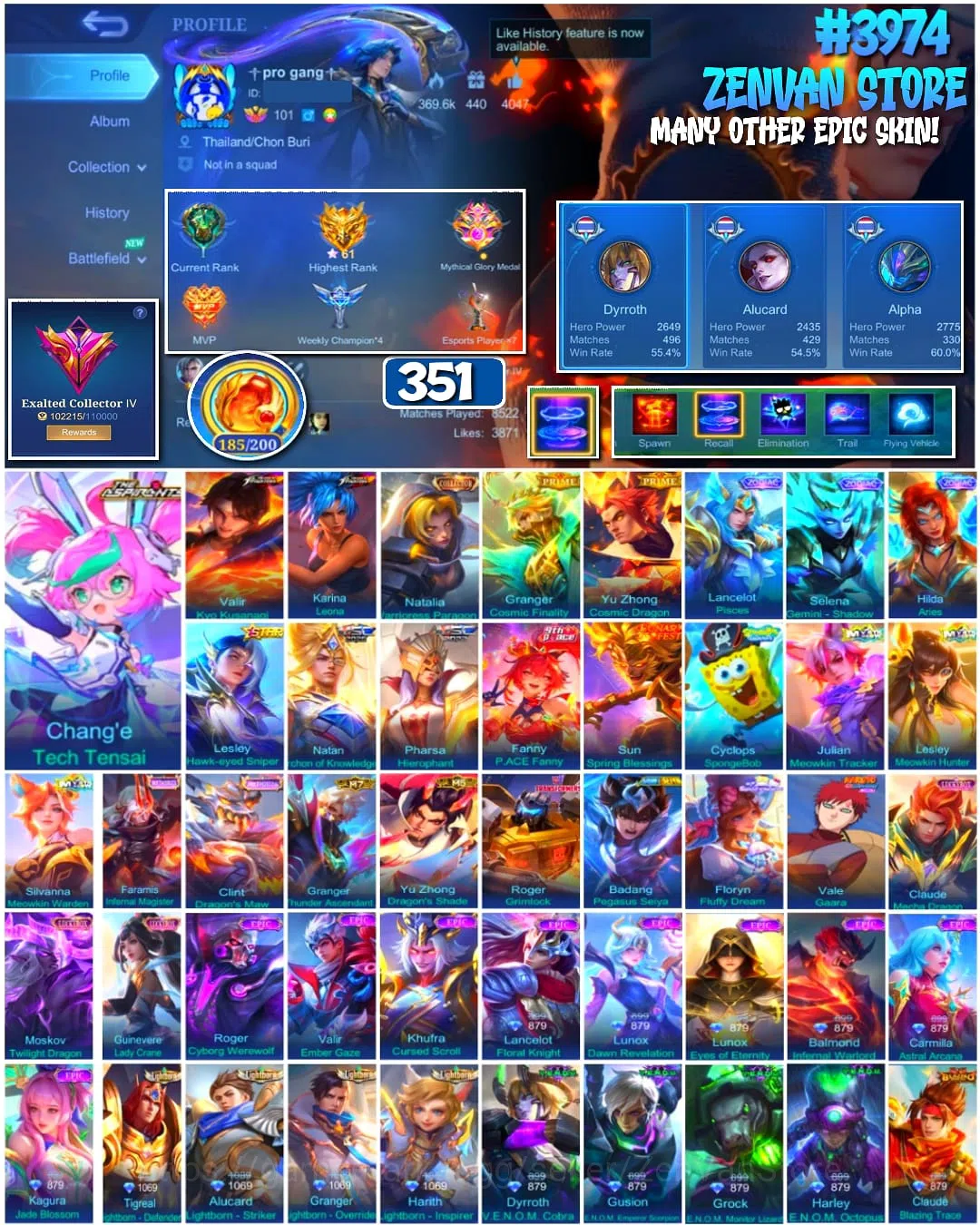 Mobile Legends: Bang Bang Accounts 🔥 #3974 🔥 351 Skins 💎 Exalted Collector IV 👑 Collector Natalia ⚔️ Prime Granger & Yu 1