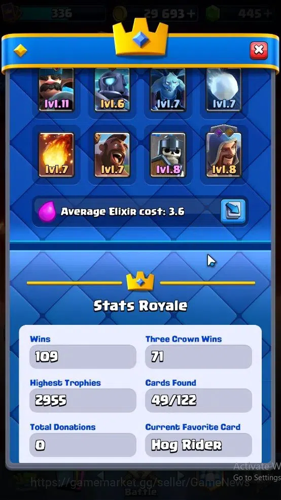 Clash Royale Accounts High-End Lvl 336|Trophy 2955|KTL 8|Card 49|3 EVO, 9 Epic,18 Rare,22 Common|1 Wild Shard+Gems 445|Take 3