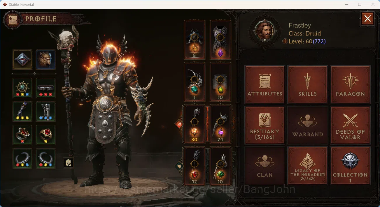 Diablo Immortal Accounts Others NA - High Heavens | 60 (772) Druid-Slinger | CR 40189 | Reso 330 | Inferno I | Varog Lv 30 1