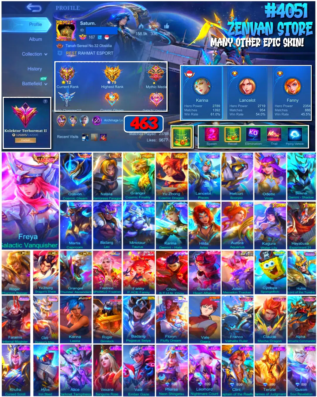 Mobile Legends: Bang Bang Accounts ๐ฅ #4051 ๐ฅ 463 Skins ๐ Honored Collector II ๐ Legend Freya Galactic โ๏ธ Legend Gusion 1