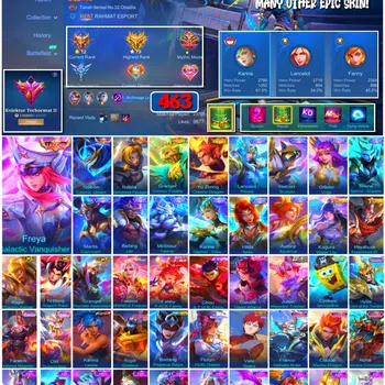 Mobile Legends: Bang Bang Accounts 🔥 #4051 🔥 463 Skins 💎 Honored Collector II 👑 Legend Freya Galactic ⚔️ Legend Gusion