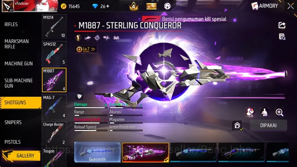 Free Fire Accounts Indonesia |3 EVO: M1887,MP40,AN94|M1887: Sterlign Conqueror,Mamba Gnaw,Peluru Suci,Bunny's 1