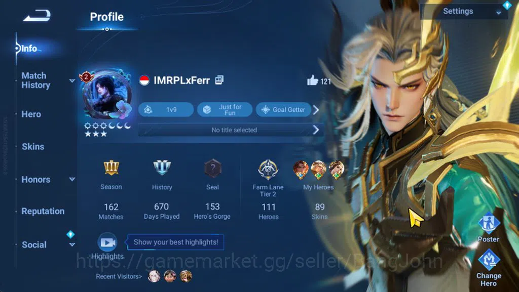 Honor of Kings Accounts Global Hero 111 Skin 89 Sanxingdui Huoyi, Shanhai image 1