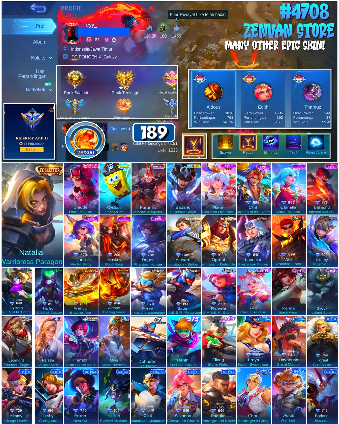 Mobile Legends: Bang Bang Accounts #4708 189 Skins | Badang Pegasus Seiya (SAINT SEIYA) | Cyclops SpongeBob (SPONGEBOB 1