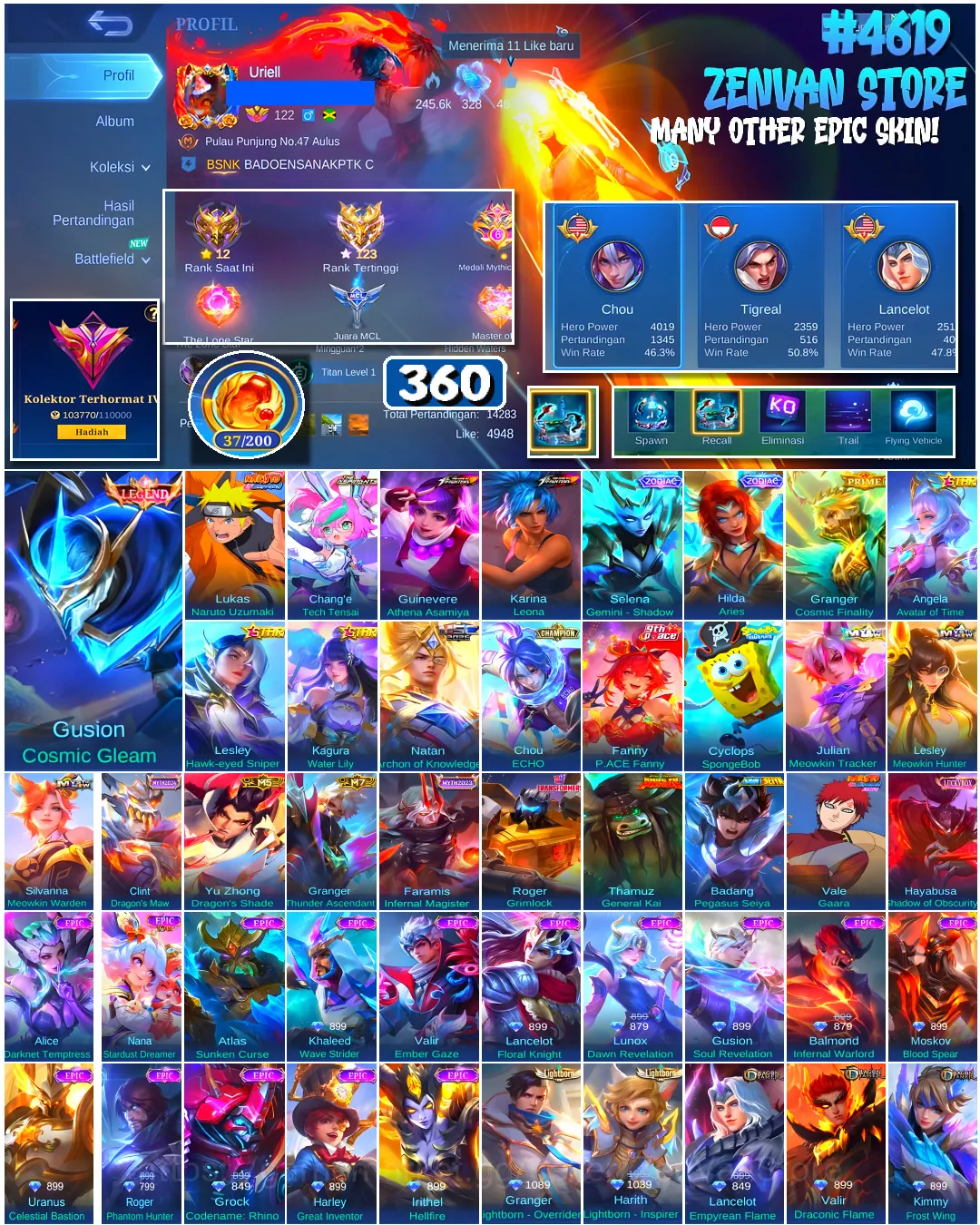 Mobile Legends: Bang Bang Accounts #4619 360 Skins | Gusion Cosmic Gleam (LEGEND) | Guinevere Athena Asamiya (KOF) | Karina 1