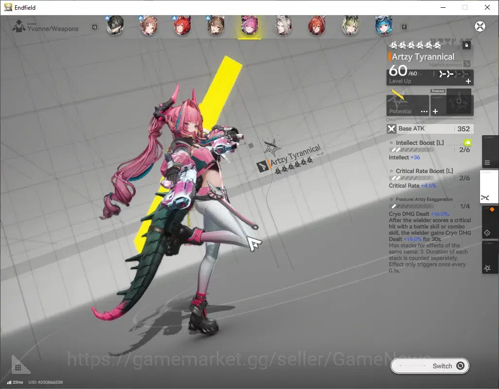 Arknights: Endfield Accounts ASIA|Lv 55|8 SSR (3 Limited) + 22 (*6 Weapon)|[Laevatain,Gilberta,Yvonne] + Signature|10k 7