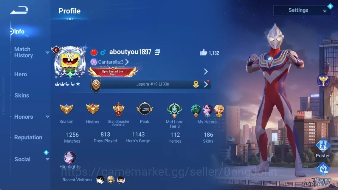 Honor of Kings Accounts Rare Skin Global|112H 186S|Precious:Ultraman&Butterfly|Limited:Li 1