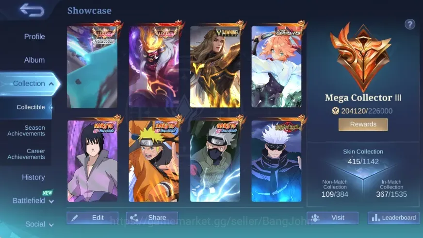 Mobile Legends: Bang Bang Accounts Collector Global|Skin415|Mega|Legend Franco+Alpha,Aspirants Fanny+Layla+Ruby,Prime 1