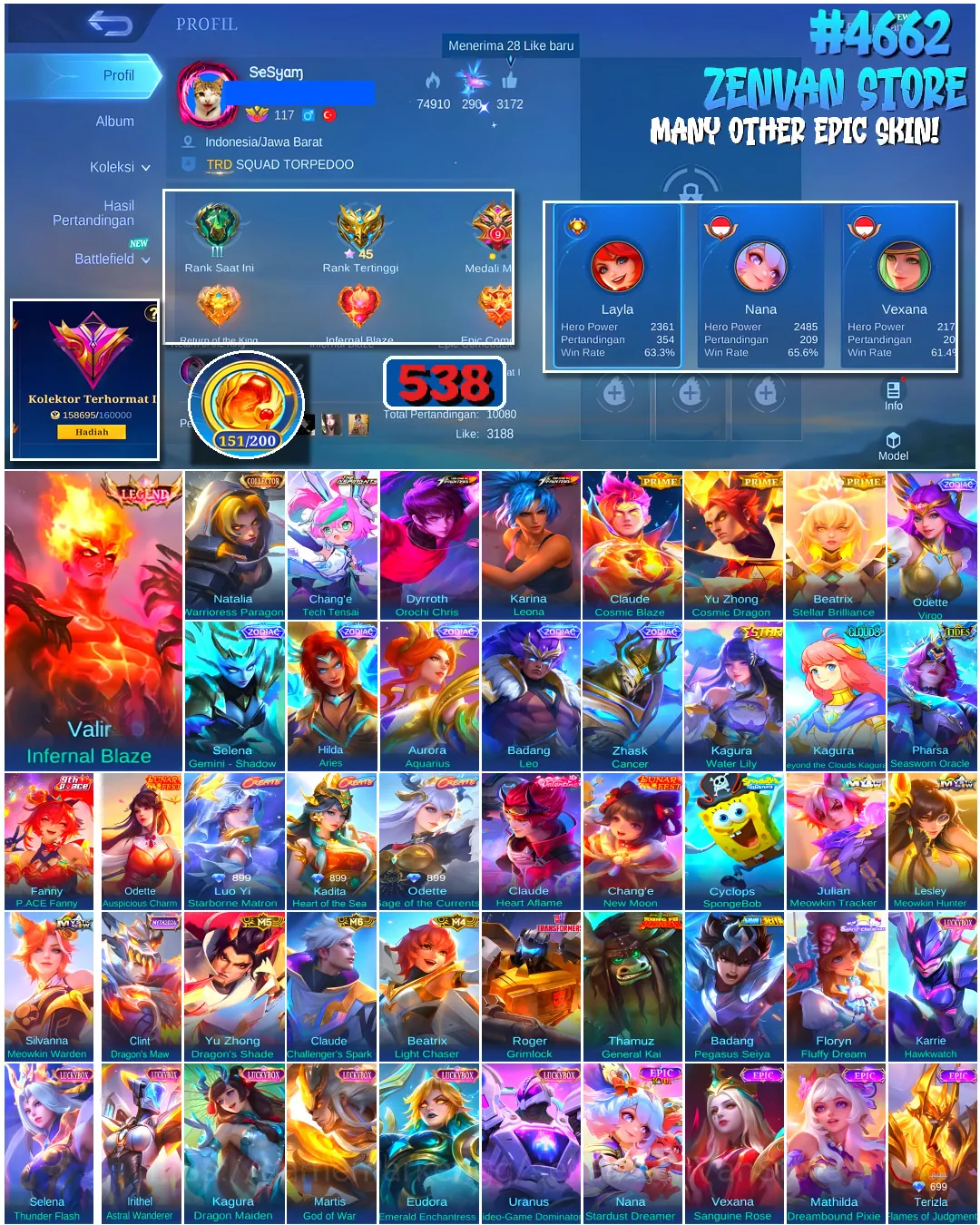 Mobile Legends: Bang Bang Accounts #4662 538 Skins | Valir Infernal Blaze (LEGEND) | Dyrroth Orochi Chris (KOF) | Floryn 1