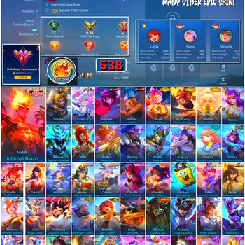 Mobile Legends: Bang Bang Accounts #4662 538 Skins | Valir Infernal Blaze (LEGEND) | Dyrroth Orochi Chris (KOF) | Floryn