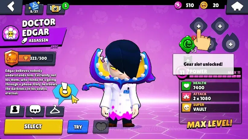 Brawl Stars Accounts 1006 Trophy|17 Brawlers 4 Max Lvl [Edgar,Emz,Gus,Shelly] Myth Buzz|1 Epic Skin [Dr Edgar] 2 SR|60 12