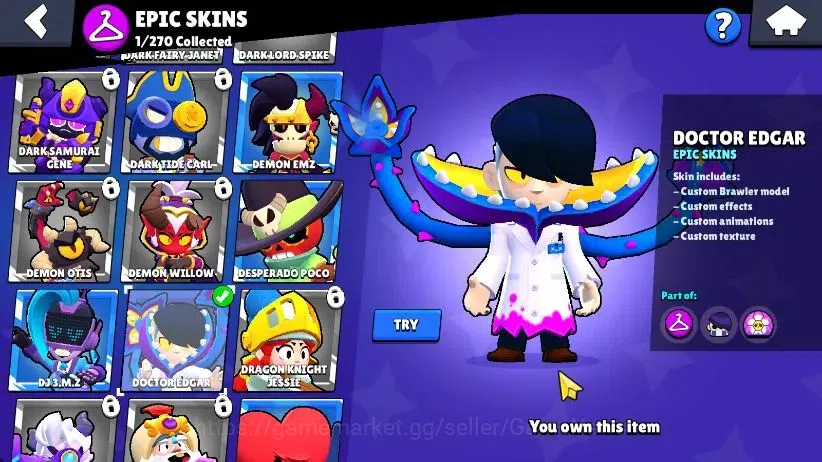 Brawl Stars Accounts 1006 Trophy|17 Brawlers 4 Max Lvl [Edgar,Emz,Gus,Shelly] Myth Buzz|1 Epic Skin [Dr Edgar] 2 SR|60 6