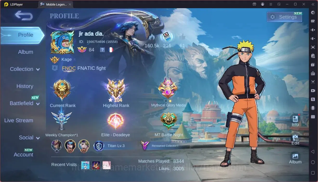 Mobile Legends: Bang Bang Accounts Global |Hero 130|Skin 285|Renowned|Naruto Lukas|AS image 1