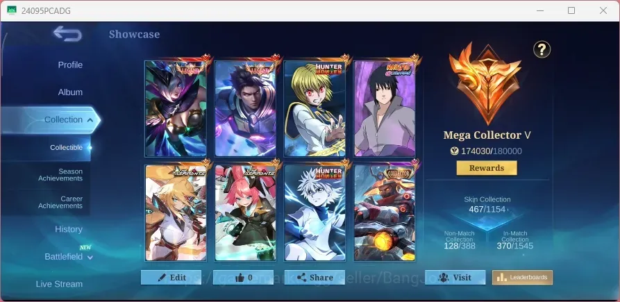 Mobile Legends: Bang Bang Accounts Collector Global|567S|Mega|Legend Miya Alucard,CC YSS Karina,LBX Zilong Fanny Hayabusa 1