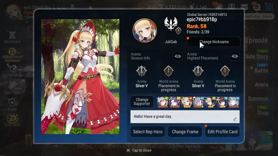 Epic Seven Accounts High-End GLOBAL UnVerif|NewEra|6 ML(NM Luna,EIlynav,DK 2