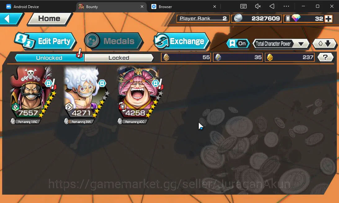 One Piece Bounty Rush Accounts Global | 3 META EX | KOP Roger, TFE Luffy, BoM Oir image 1