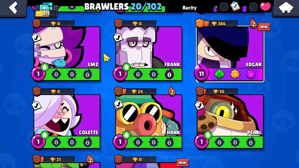 Brawl Stars Accounts 1173 Trophy|7K Bling|20 Brawlers 3 Max Lvl [BO,Edgar,Tara]|2 Myth [Porcelain Pearl,Possessed Poco] 7 10