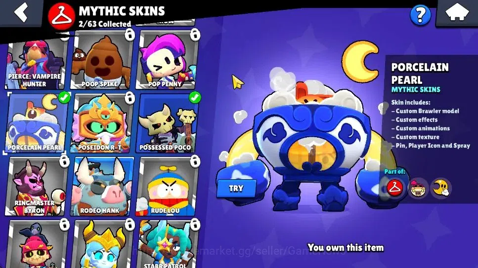 Brawl Stars Accounts 1173 Trophy|7K Bling|20 Brawlers 3 Max Lvl [BO,Edgar,Tara]|2 Myth [Porcelain Pearl,Possessed Poco] 7 12