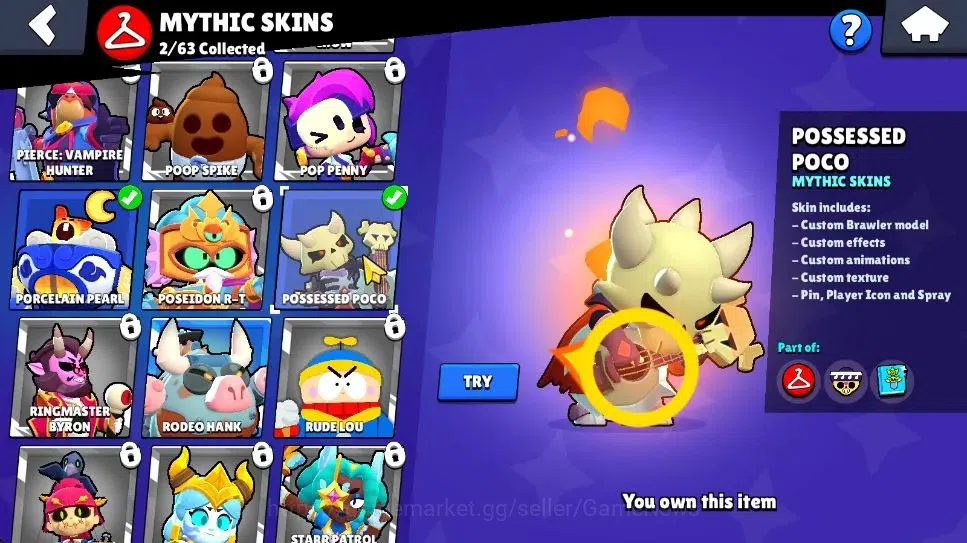 Brawl Stars Accounts 1173 Trophy|7K Bling|20 Brawlers 3 Max Lvl [BO,Edgar,Tara]|2 Myth [Porcelain Pearl,Possessed Poco] 7 13