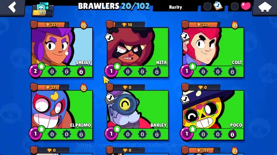 Brawl Stars Accounts 1173 Trophy|7K Bling|20 Brawlers 3 Max Lvl [BO,Edgar,Tara]|2 Myth [Porcelain Pearl,Possessed Poco] 7 8