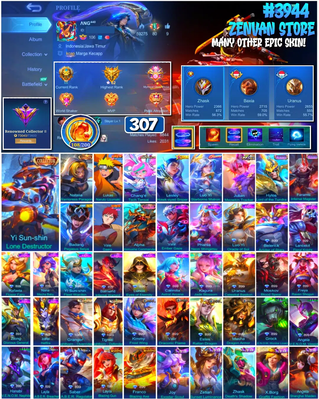 Mobile Legends: Bang Bang Accounts #3944 | 307 Skins | Collector Yin Shun Shin & Natalia | Naruto | Aspirant Chang'e | Gara 1