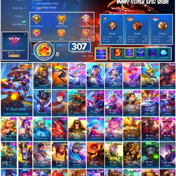 Mobile Legends: Bang Bang Accounts #3944 | 307 Skins | Collector Yin Shun Shin & Natalia | Naruto | Aspirant Chang'e | Gara
