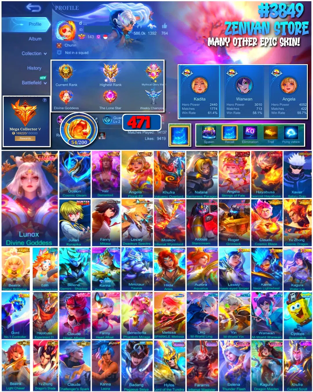 Mobile Legends: Bang Bang Accounts #3849 471 Skins | Legend Lunox & Gusion | Collecto image 1