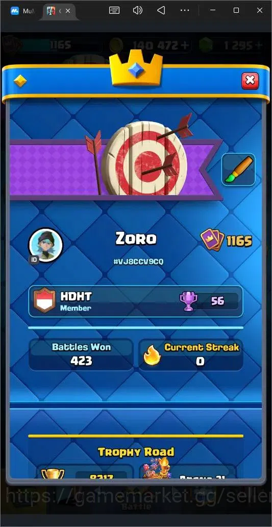 Clash Royale Accounts High-End Global |CL 1165|KTL 13|Trophy 8217|119 Cards|6 Champ|7 Evo|4 Hero|Arena 21|1295 Gems|140K 3