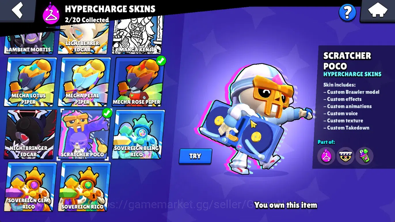 Brawl Stars Accounts 14796 Trophy|74 Brawlers 14 Max|174 Skin|2 HyperCh(Mecha Rose P,Scratcher Poco),2 Legend,10 17
