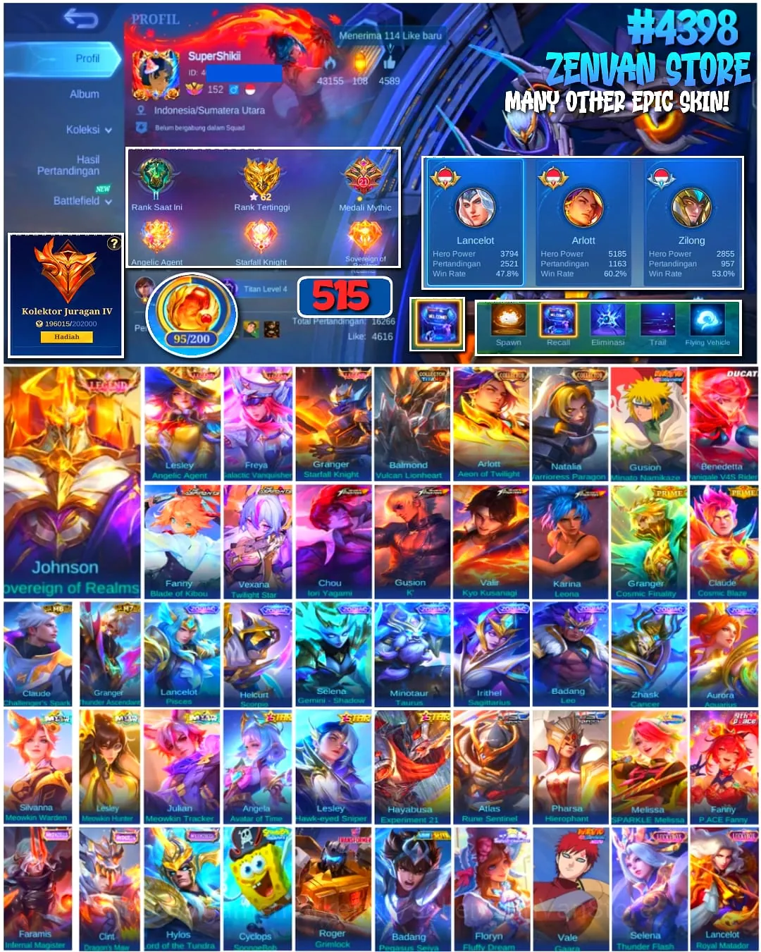 Mobile Legends: Bang Bang Accounts #4398 515 Skins | Johnson Sovereign of Realms (LEGEND) | Lesley Angelic Agent (LEGEND 1