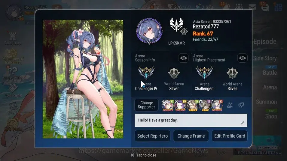 Epic Seven Accounts High-End ASIA Unverif|13 ML(Schol Nurse Yulha,Rhiana&Luciel,BArunka,ZIO,Etc)+Setsuka,Eye AB 2