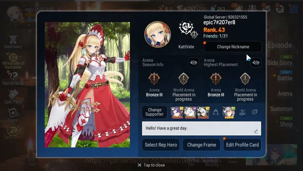 Epic Seven Accounts High-End GLOBAL UnVerif|10 ML(Salome,EIlynav,Belian,BM Haste,etc)+Aby Fumyr,Setsuka,etc|PoH ON|158K 2