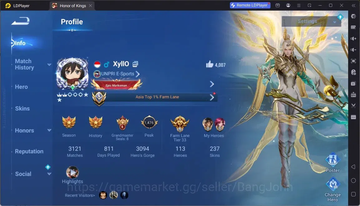 Honor of Kings Accounts Rare Skin Global | 113H 237S |4 Legend Skins|2 SaintSeiya:Hou Yi,Dharma|1 SXD|King's Deed 2025|1 1