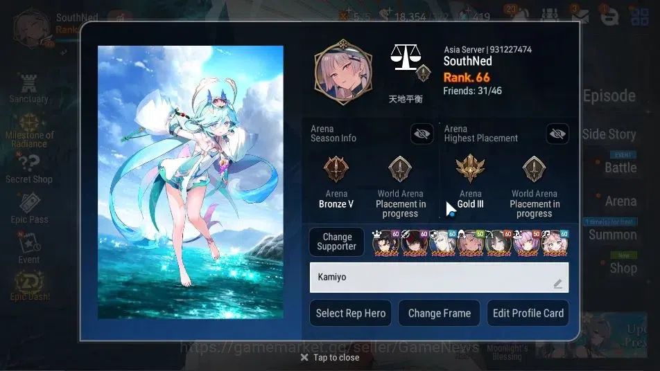 Epic Seven Accounts Starter ASIA Verif|17 ML(BArunka,RueleLight,SE Celine,AbVildred,Etc)+Setsuka,Ivana|Poh ON|18K Energy+54K 2