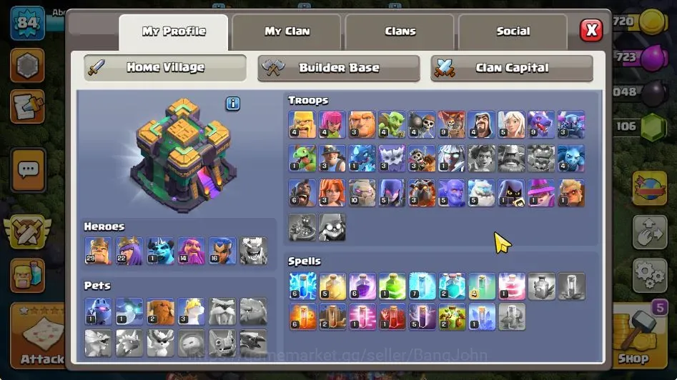 Clash of Clans Accounts High-End TH14-BH3 | Lv.84 | BK29,AQ22,MP1,GW14,RC16 | HH7 | 1 Legendary&4 Gold Skins | 106 Gems 1