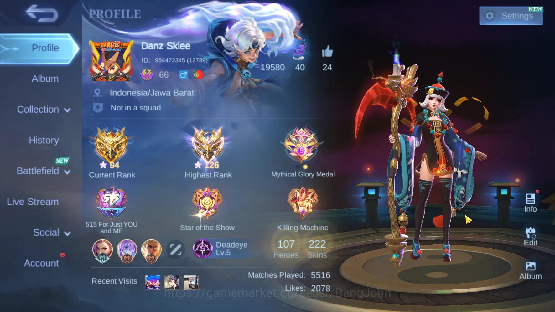 Mobile Legends: Bang Bang Accounts Hero 107 | Skin 222 | Emblem Al Max | Ex Immo | Wi image 1