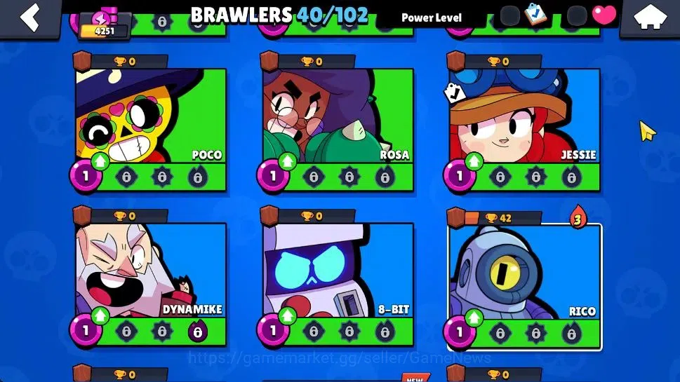 Brawl Stars Accounts 4251 Trophy|40 Brawlers 7 Max Lvl|3 Legend [Mecha Bo,Mecha Crow,Mecha Mortis]+2 Mythic+14 Epic 10