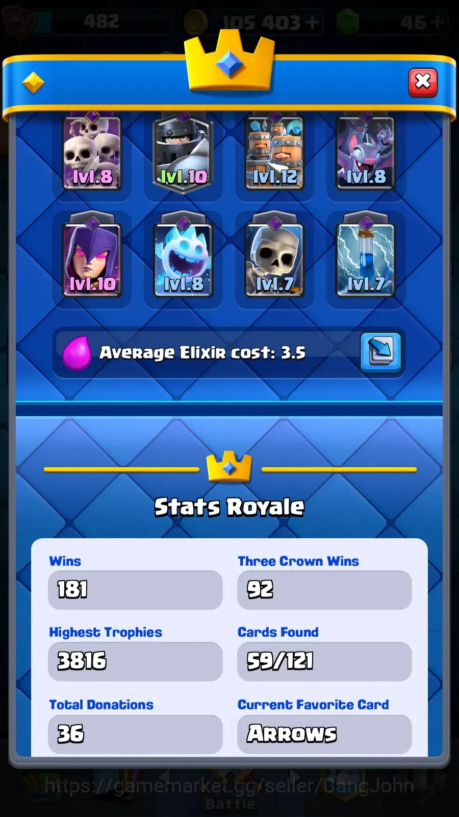 Clash Royale Accounts CL 482|KTL 9|Trophy 3816|1 Hero|5 Evo|Cards 59|Che image 12