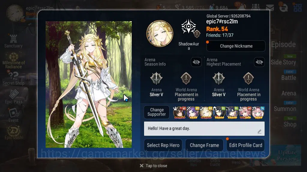 Epic Seven Accounts Mid-Tier GLOBAL Unverif|8 ML(SN Yulha,Monarch OTS Iseria,TR Elvira)+AB Fumyr,Estelle|AUTO WB Hunt+POH 1