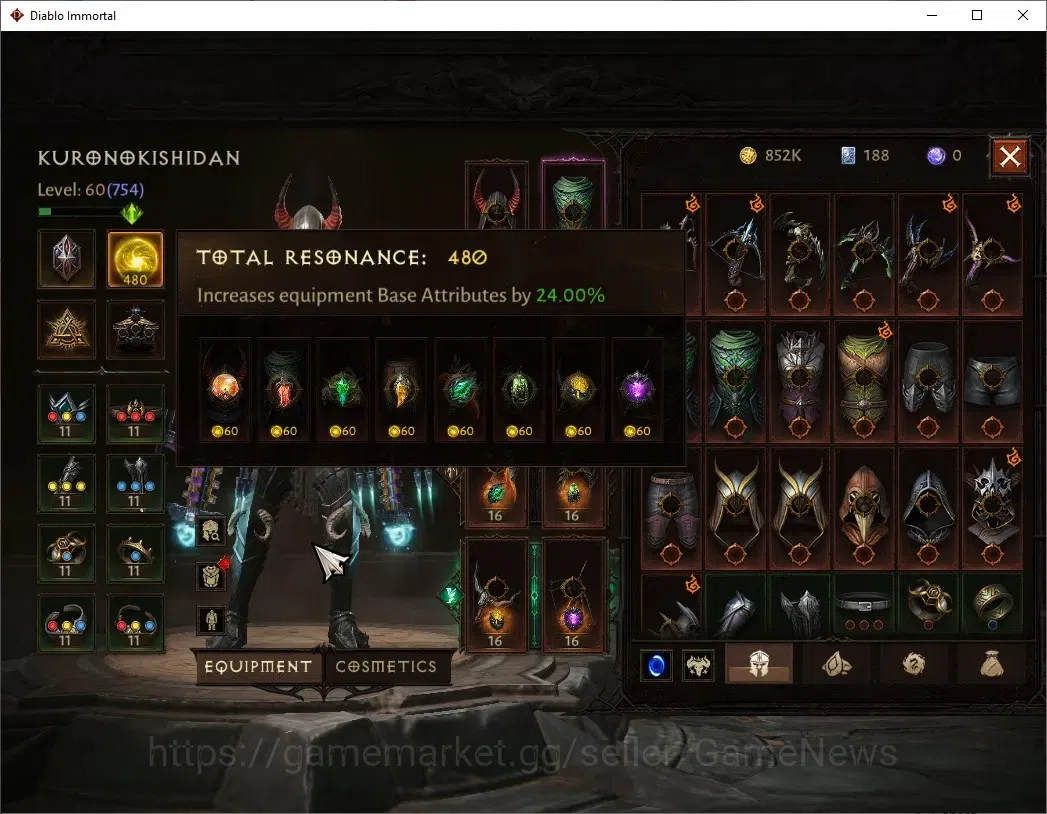 Diablo Immortal Accounts High-End NA-High Heavens|CS ON|Lv60(754)|Demon Hunter|CR 42k|Reso 480|Paragon Vanquisher|Inferno 4
