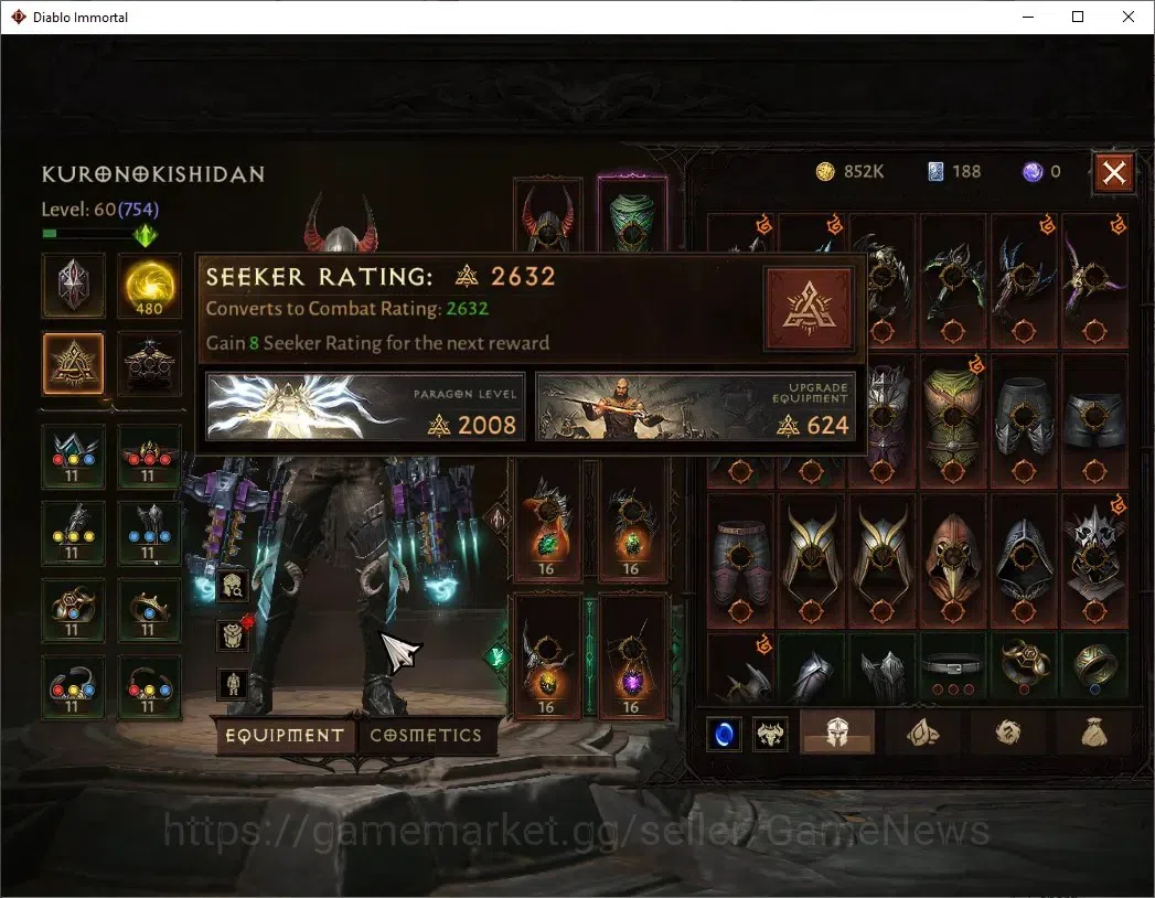 Diablo Immortal Accounts High-End NA-High Heavens|CS ON|Lv60(754)|Demon Hunter|CR 42k|Reso 480|Paragon Vanquisher|Inferno 5