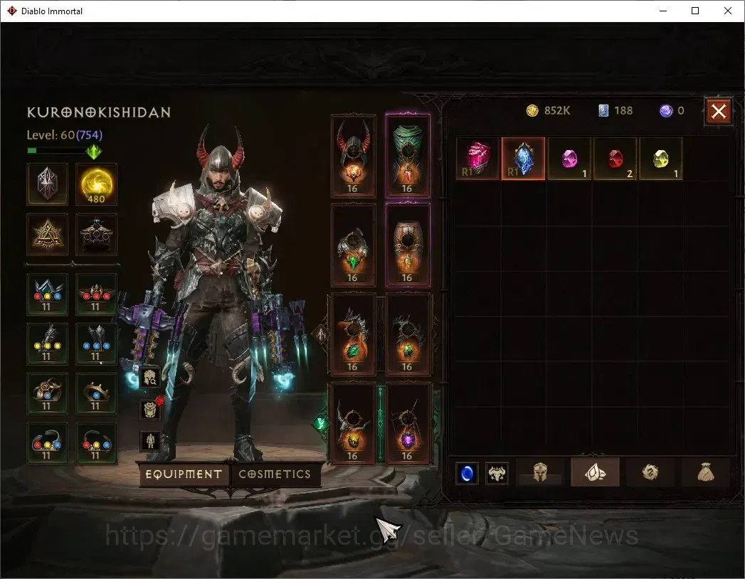 Diablo Immortal Accounts High-End NA-High Heavens|CS ON|Lv60(754)|Demon Hunter|CR 42k|Reso 480|Paragon Vanquisher|Inferno 6