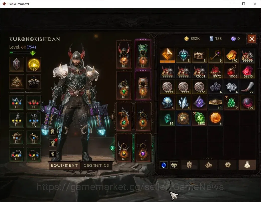 Diablo Immortal Accounts High-End NA-High Heavens|CS ON|Lv60(754)|Demon Hunter|CR 42k|Reso 480|Paragon Vanquisher|Inferno 7