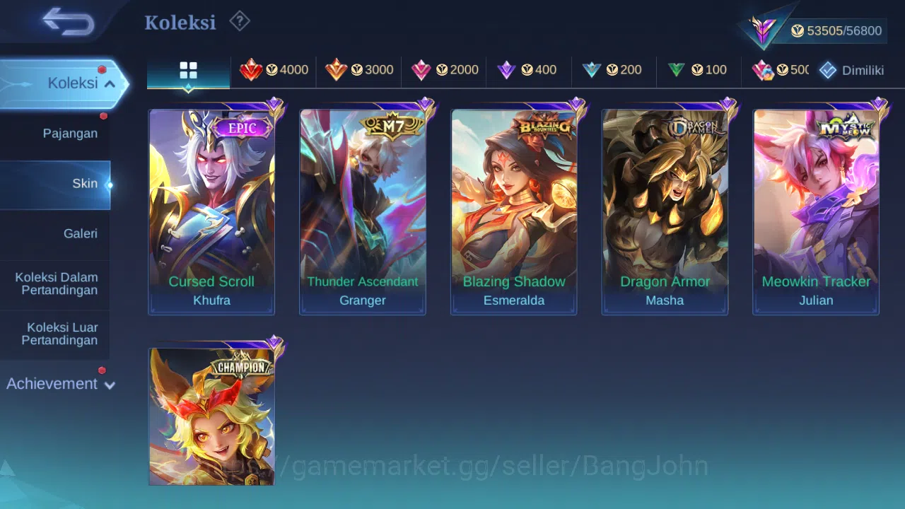 Mobile Legends: Bang Bang Accounts Others Hero 87 Skin 124 | Prime Granger | Luckybox Claude, Lance | KOF karina | Create 9