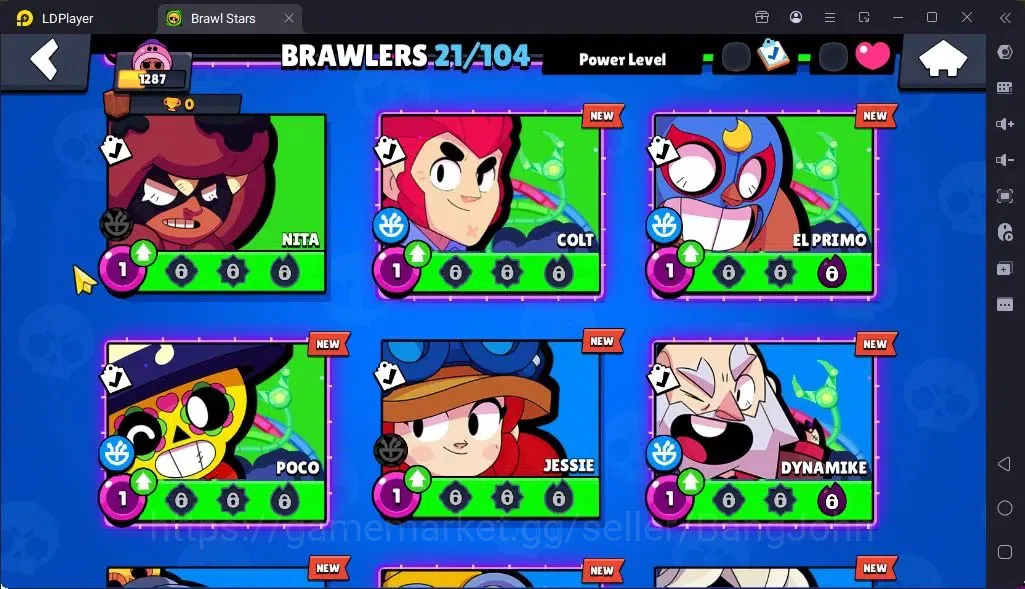 Brawl Stars Accounts Global |Trophy 1287| Brawler 3 Max with Supercharge |Skins 2 Legendary 1 Mythic,3 Epic|Bling 17