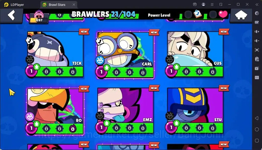 Brawl Stars Accounts Global |Trophy 1287| Brawler 3 Max with Supercharge |Skins 2 Legendary 1 Mythic,3 Epic|Bling 18