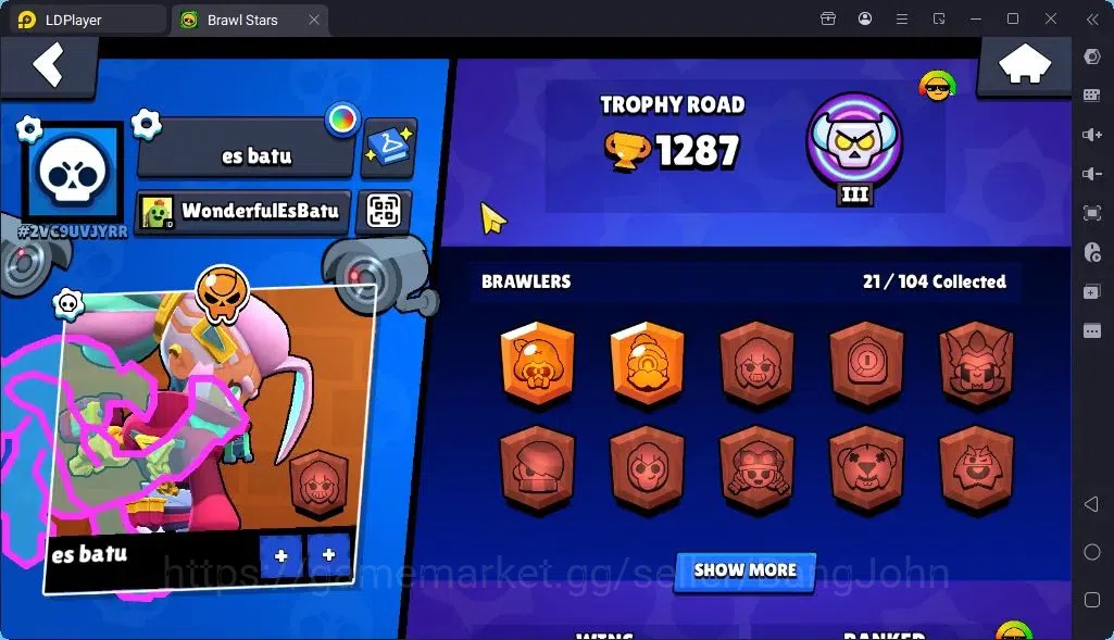 Brawl Stars Accounts Global |Trophy 1287| Brawler 3 Max with Supercharge |Skins 2 Legendary 1 Mythic,3 Epic|Bling 2