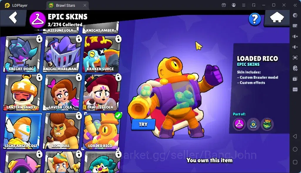 Brawl Stars Accounts Global |Trophy 1287| Brawler 3 Max with Supercharge |Skins 2 Legendary 1 Mythic,3 Epic|Bling 9
